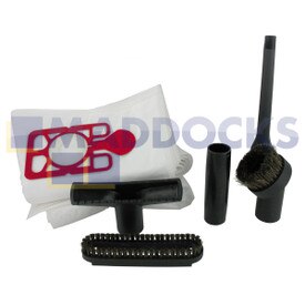 Kit manutenzione compatibile Numatic NM275 "Spruce Up" contenente spazzola multiuso con striscia spazzole in crine di cavallo rimovibile, strumento per fessure, strumento spazzola rotonda per polvere in crine di cavallo, tubo adattatore e 10 x sacchetti per polvere NVM-1CH SMS
